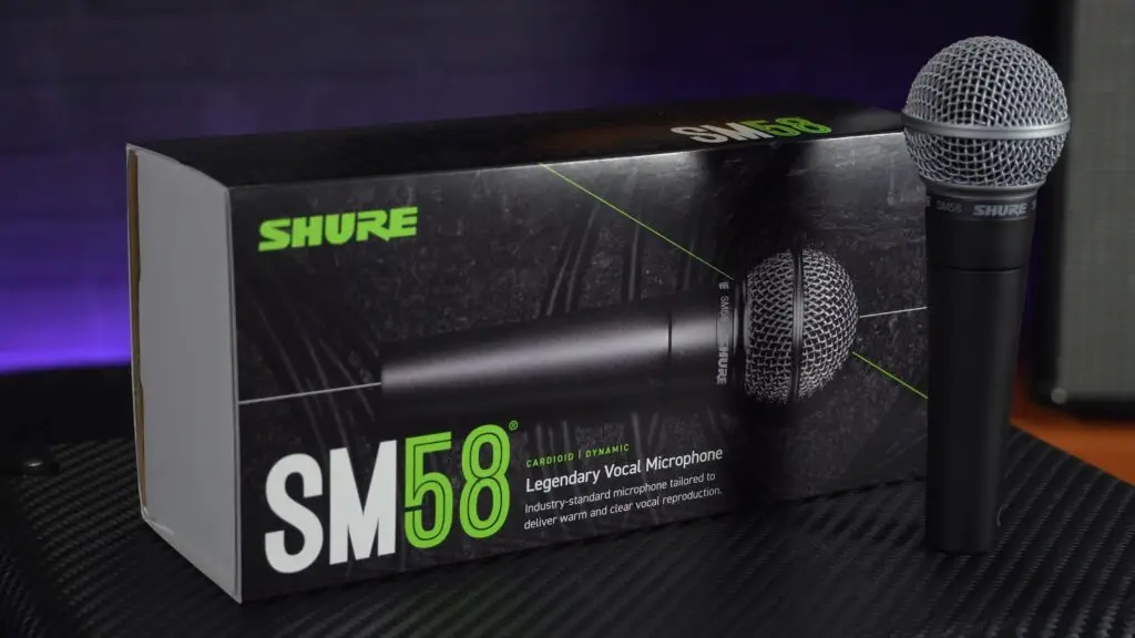 Shure SM58 microphone close-up showcasing its professional build and design.